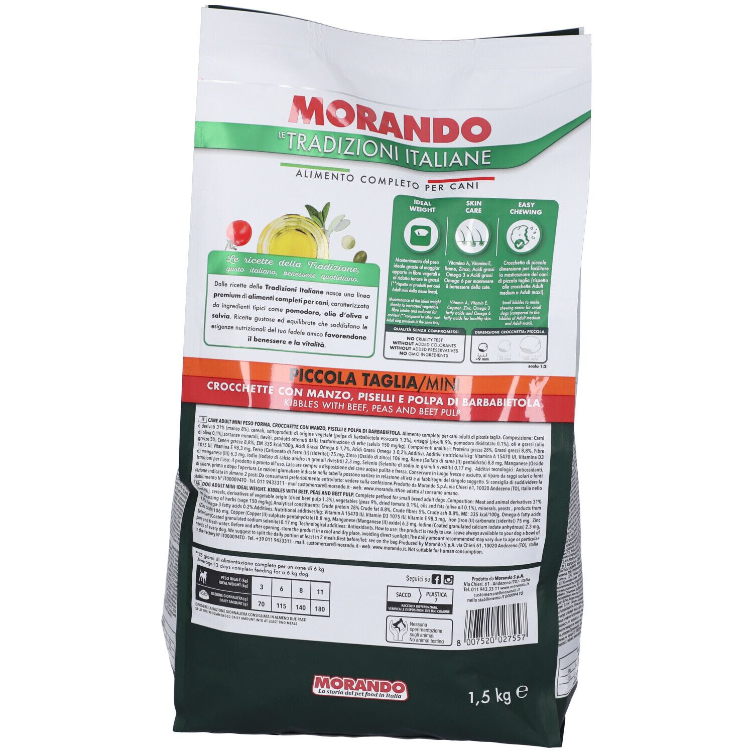 Retro del sacchetto di cibo per cani. Testo: MORANDO, Tradizioni Italiane, 1,5 kg, Piccola Taglia/Min. Lista ingredienti.