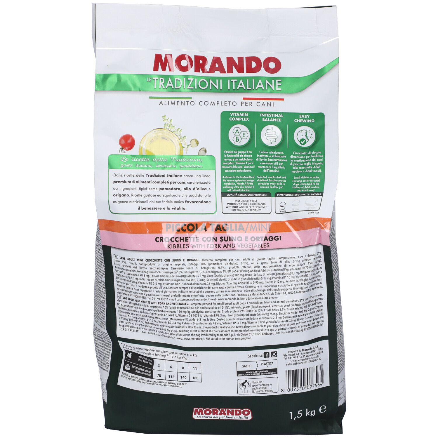 Sacco di cibo per cani Morando con immagine di cane, 1,5kg.
