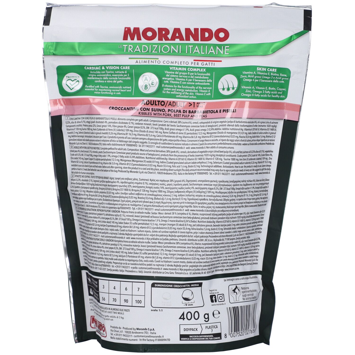 Retro della confezione GATTO ADULTO CROC SUIN BAR400G. Informazioni testuali, logo e dettagli nutrizionali.