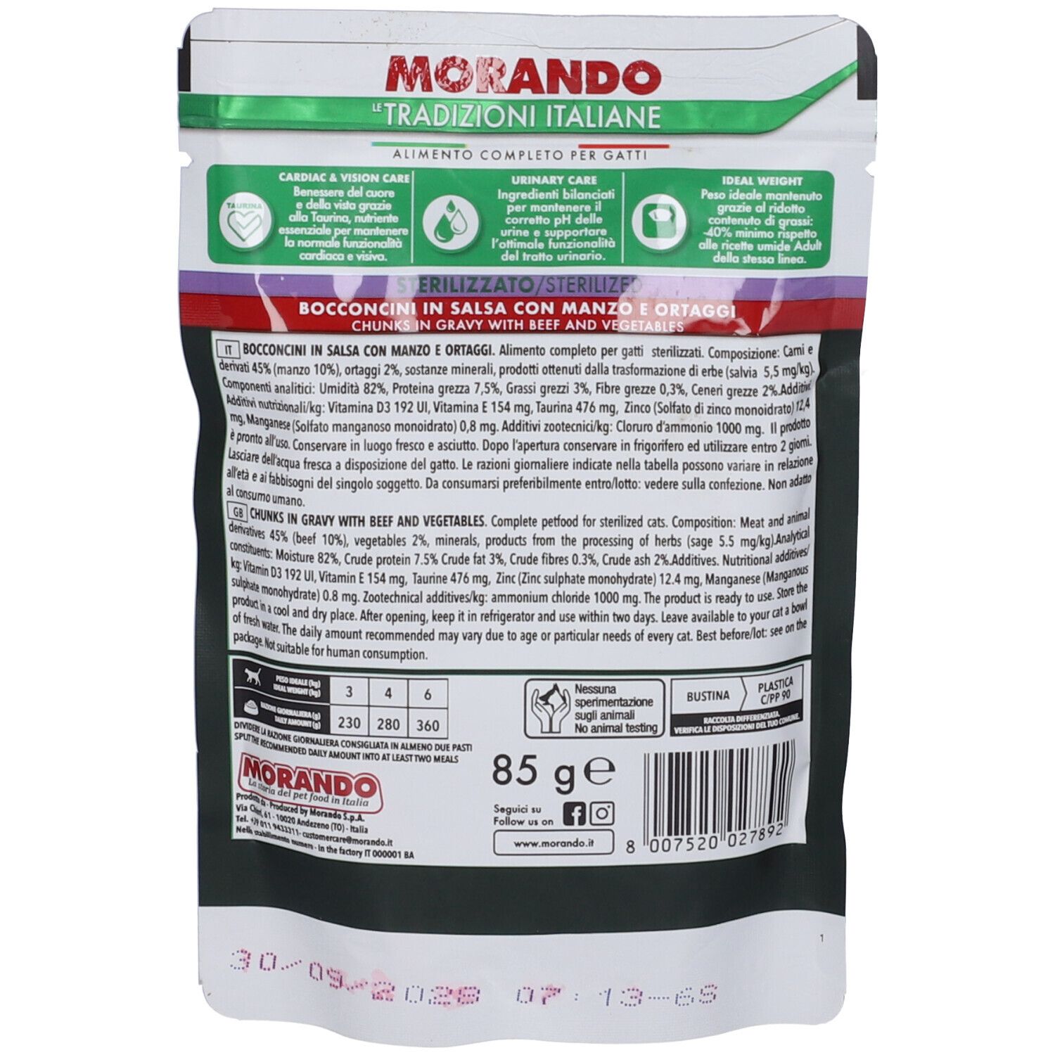 Retro della confezione di cibo per gatti. Testo: MORANDO, STERILIZZATO/STERILIZED, 85 g. Informazioni nutrizionali.