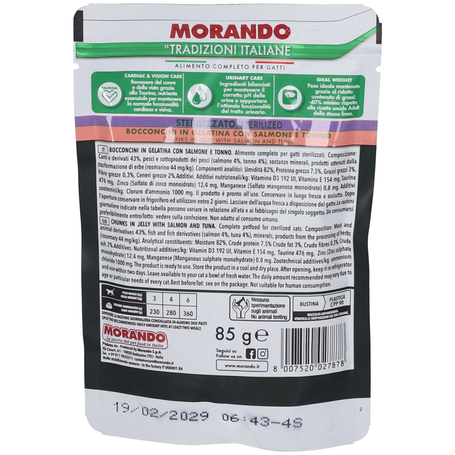 Retro della confezione di cibo per gatti. Testo: MORANDO, Tradizioni Italiane, Alimento completo per gatti, 85 g. Elenco ingredienti.