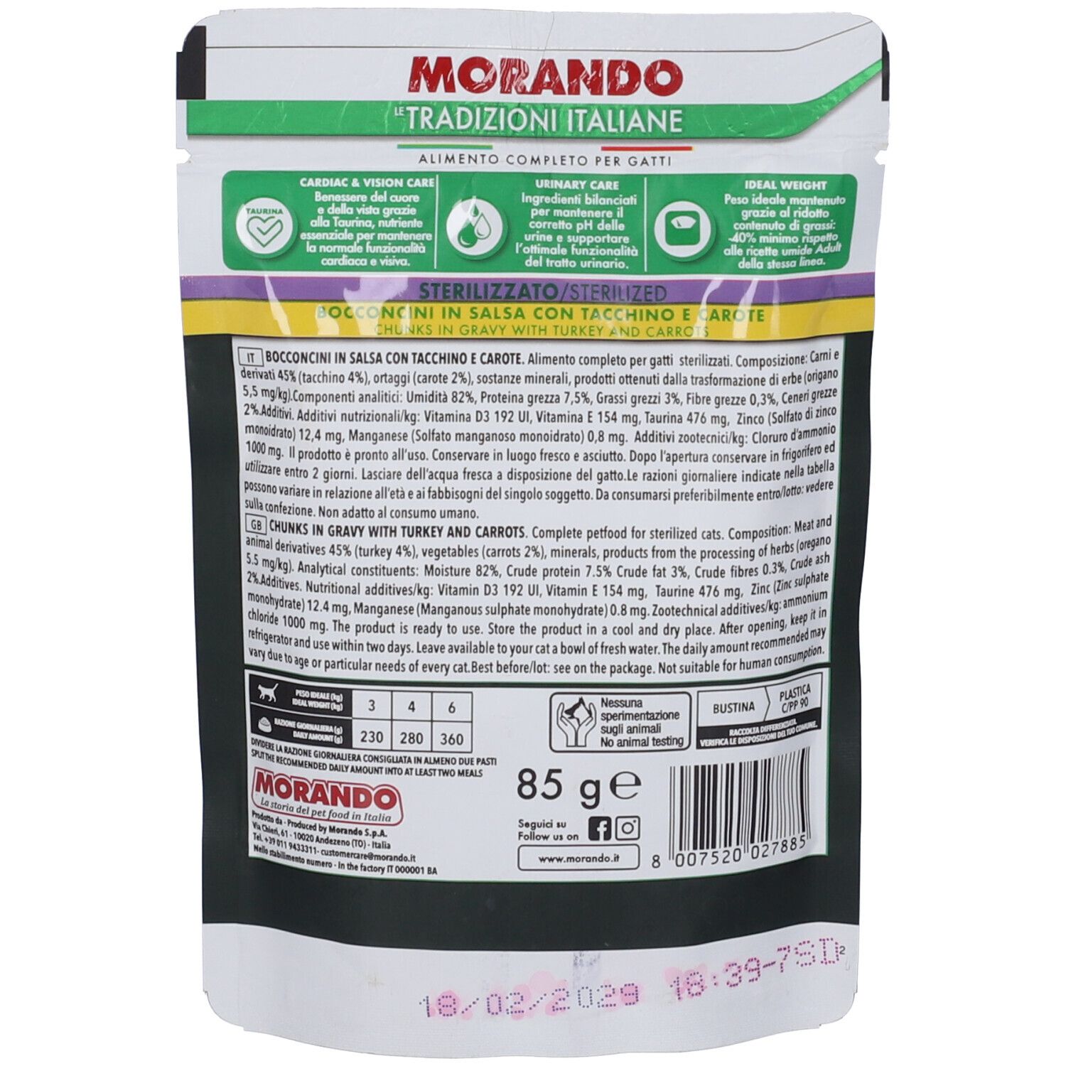 Sacchetto di cibo per cani Morando, 85g, con pollo e avena.