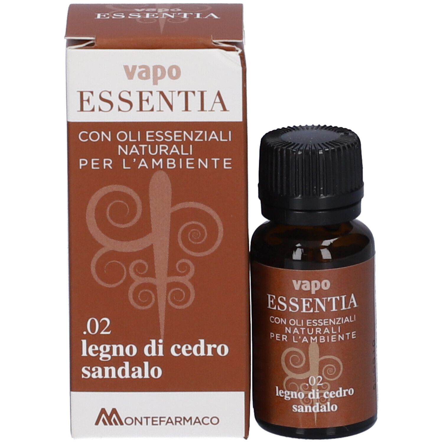 Flacone e confezione del prodotto. Flacone marrone con tappo nero. Confezione con nome del prodotto e testo.