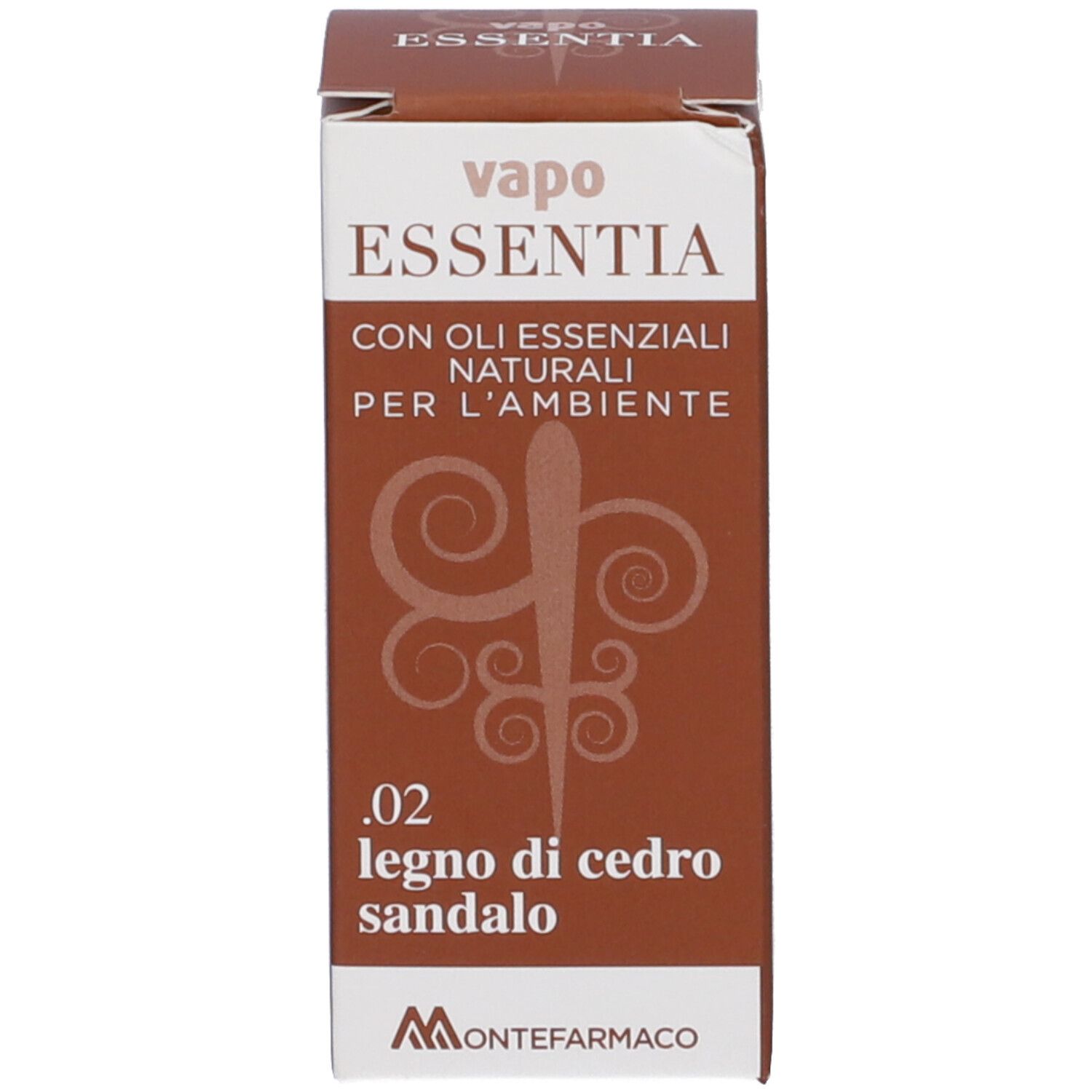 Confezione del prodotto. Confezione marrone con nome del prodotto e testo. Testo: Essentia, legno di cedro sandalo.