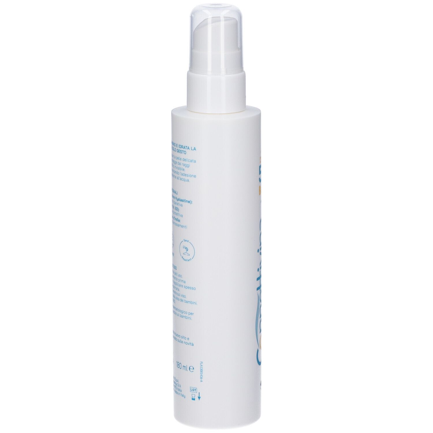 Flacone spray bianco, vista laterale. Testo e simboli sull'etichetta. Logo Fidia. 180 ml.