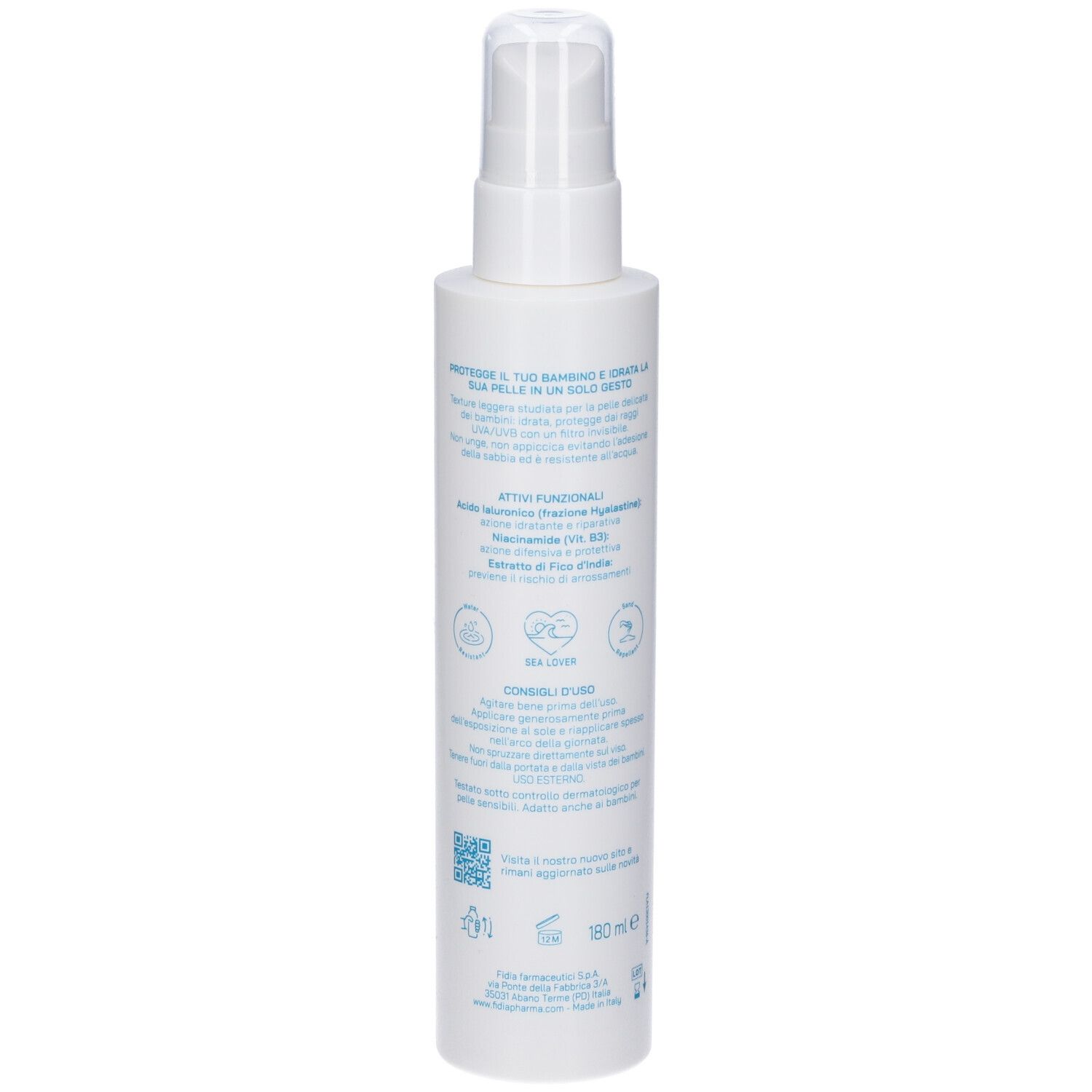 Flacone spray bianco, vista posteriore. Testo sull'etichetta. Simboli. Logo Fidia. 180 ml.