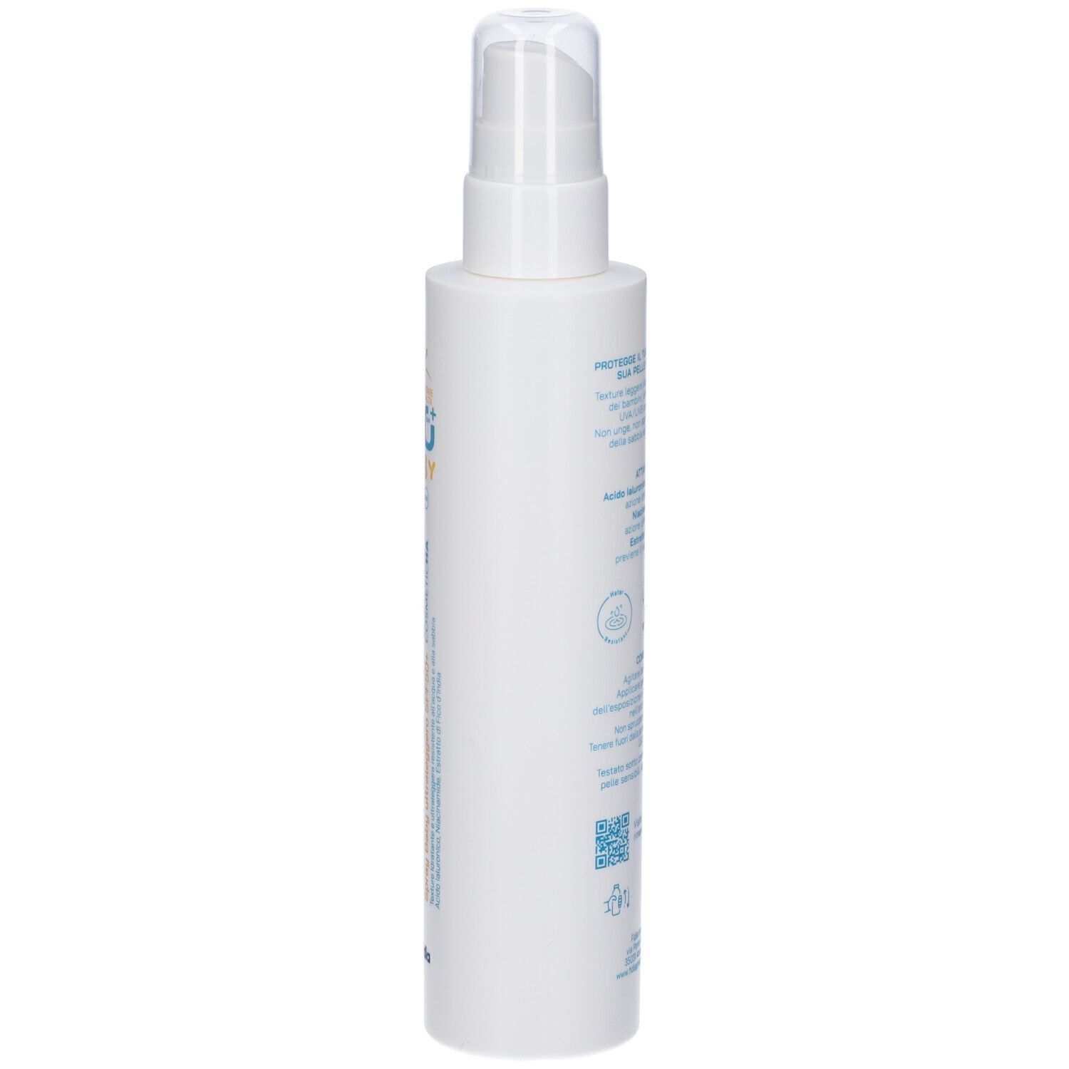 Flacone spray bianco, vista laterale. Testo e simboli sull'etichetta. Logo Fidia. 180 ml.