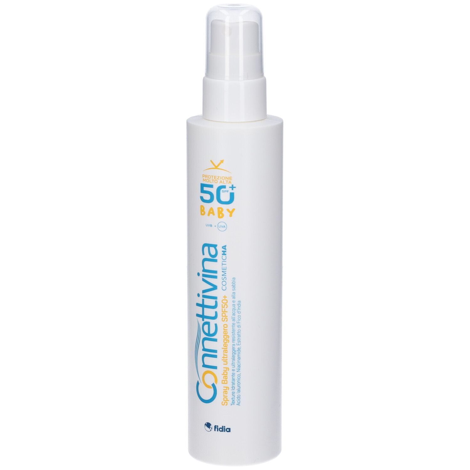 Flacone spray bianco con etichetta blu e gialla. Testo: Connettivina, SPF 50+ Baby. Logo Fidia.