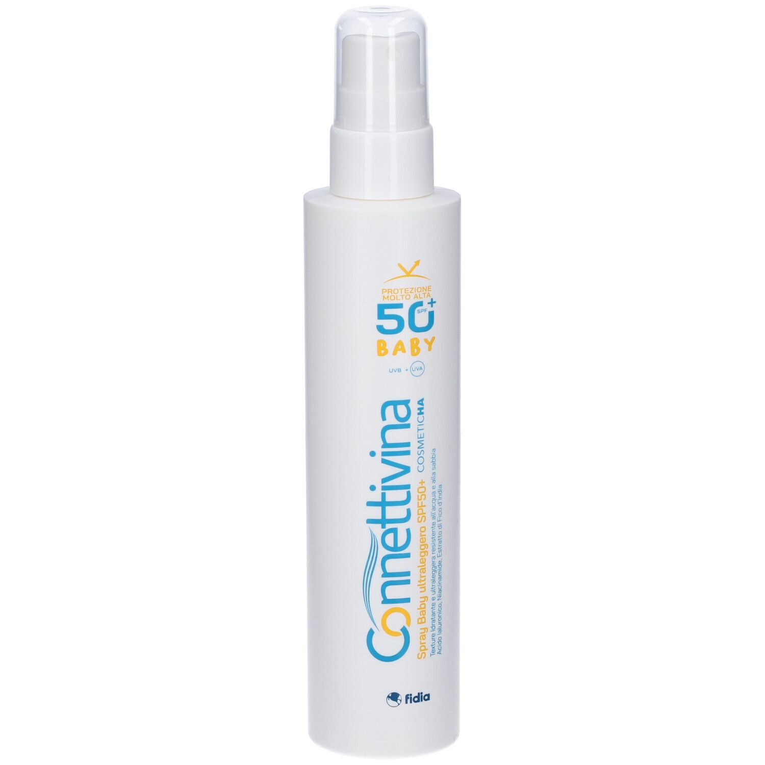 Flacone spray bianco con etichetta blu e gialla. Testo: Connettivina, SPF 50+ Baby. Logo Fidia.