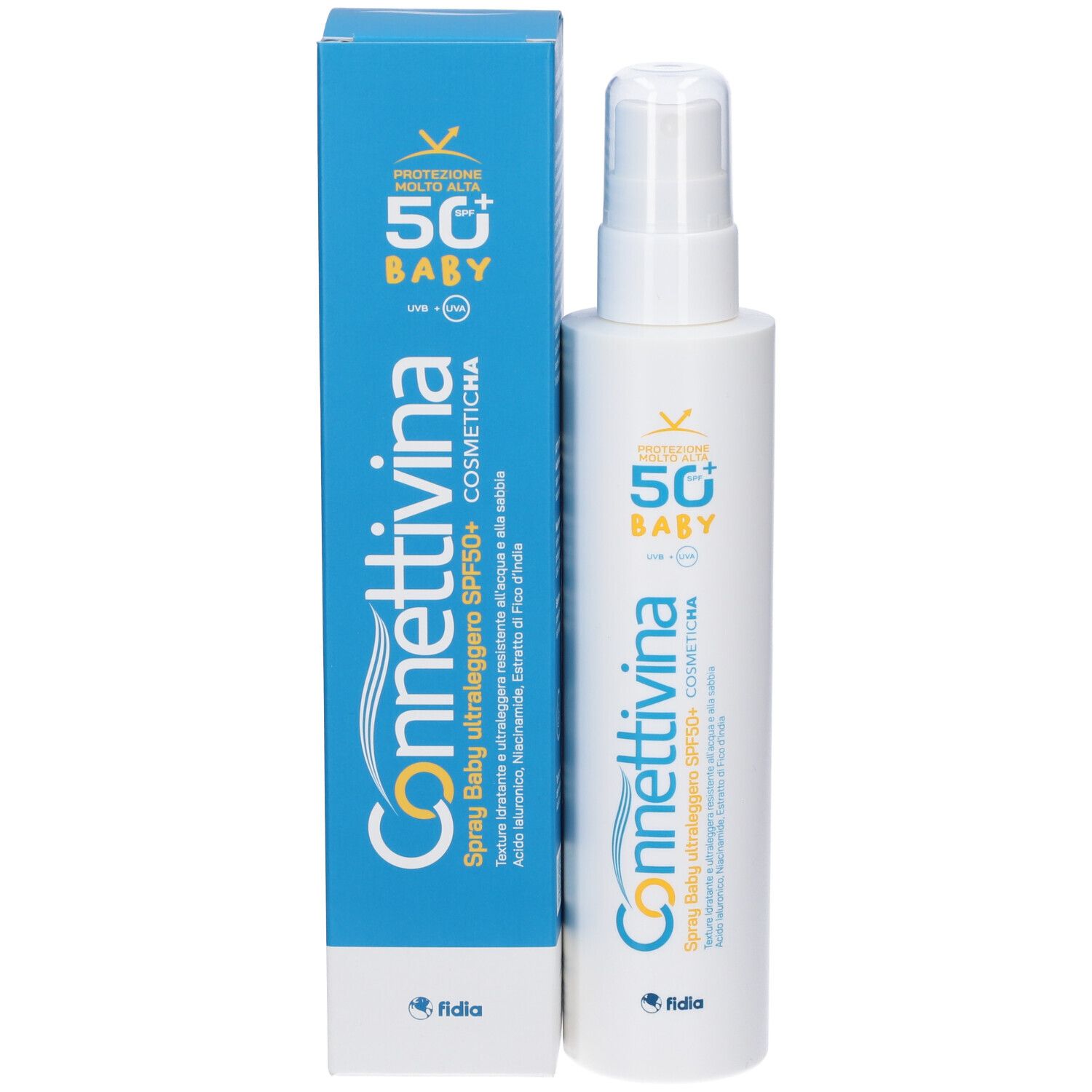 Prodotto e confezione. Flacone spray bianco e scatola blu. Testo: Connettivina, SPF 50+ Baby. Logo Fidia.