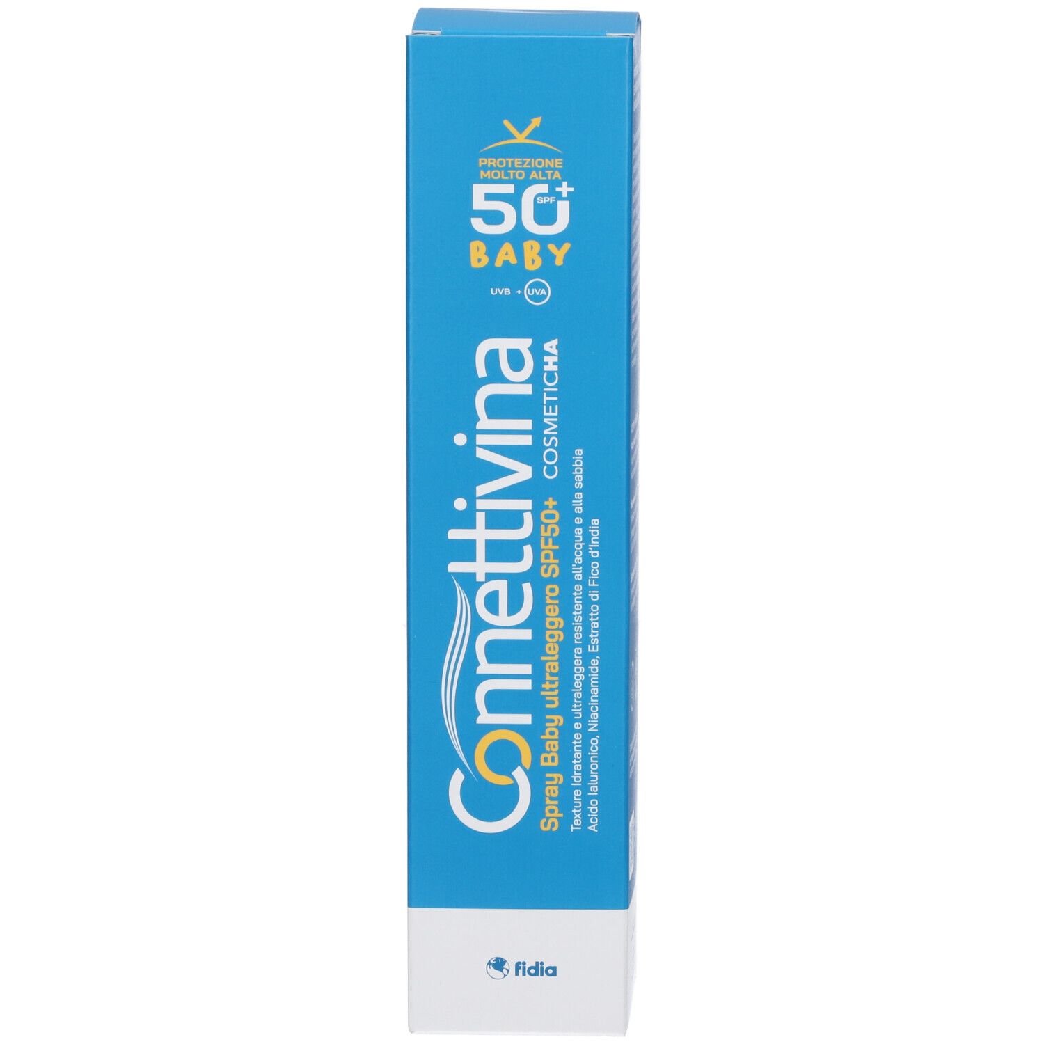 Confezione prodotto blu. Testo: Connettivina, SPF 50+ Baby. Logo Fidia. Alta protezione.