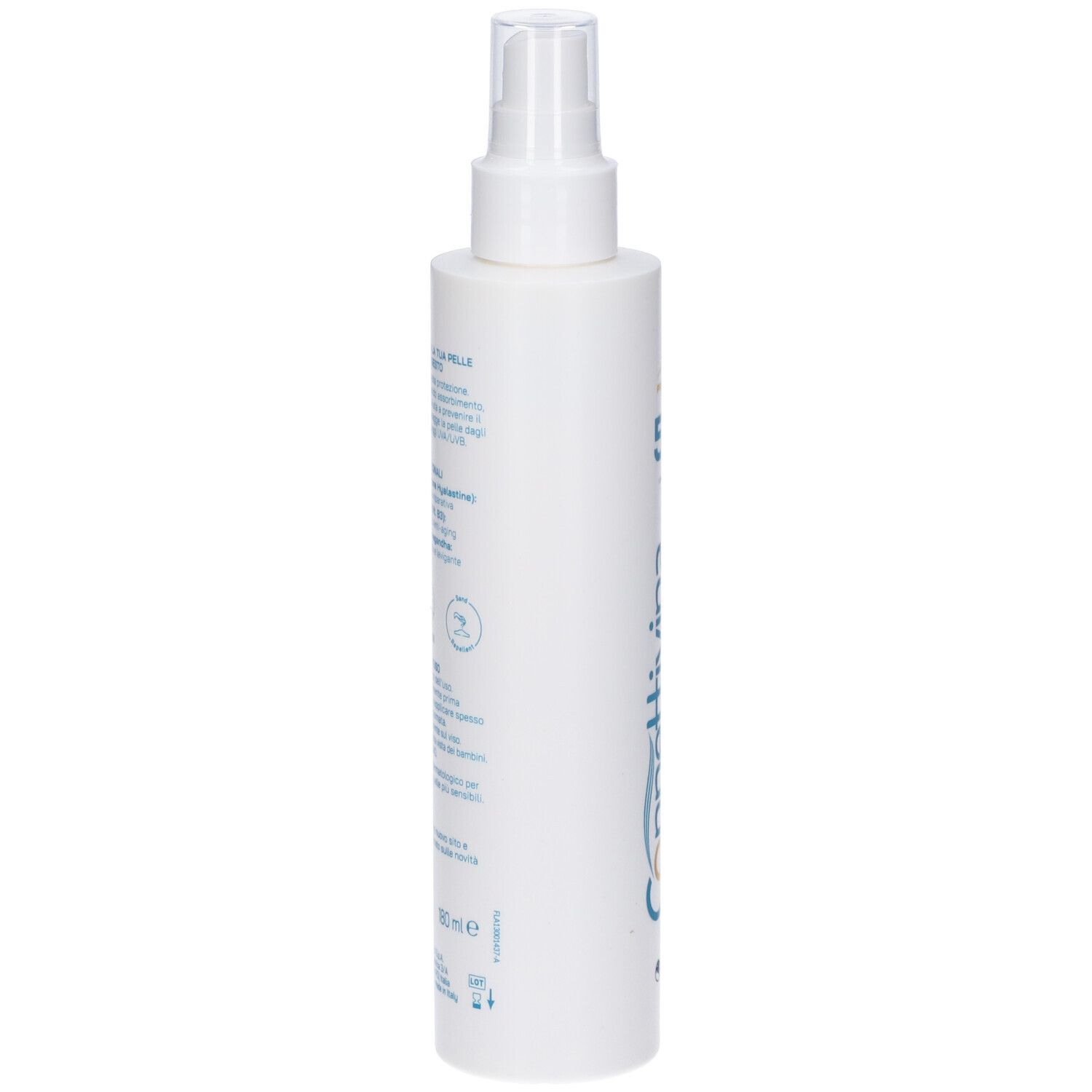 Flacone spray bianco. Scritta blu sul retro. Dettagli sugli ingredienti e l'uso.