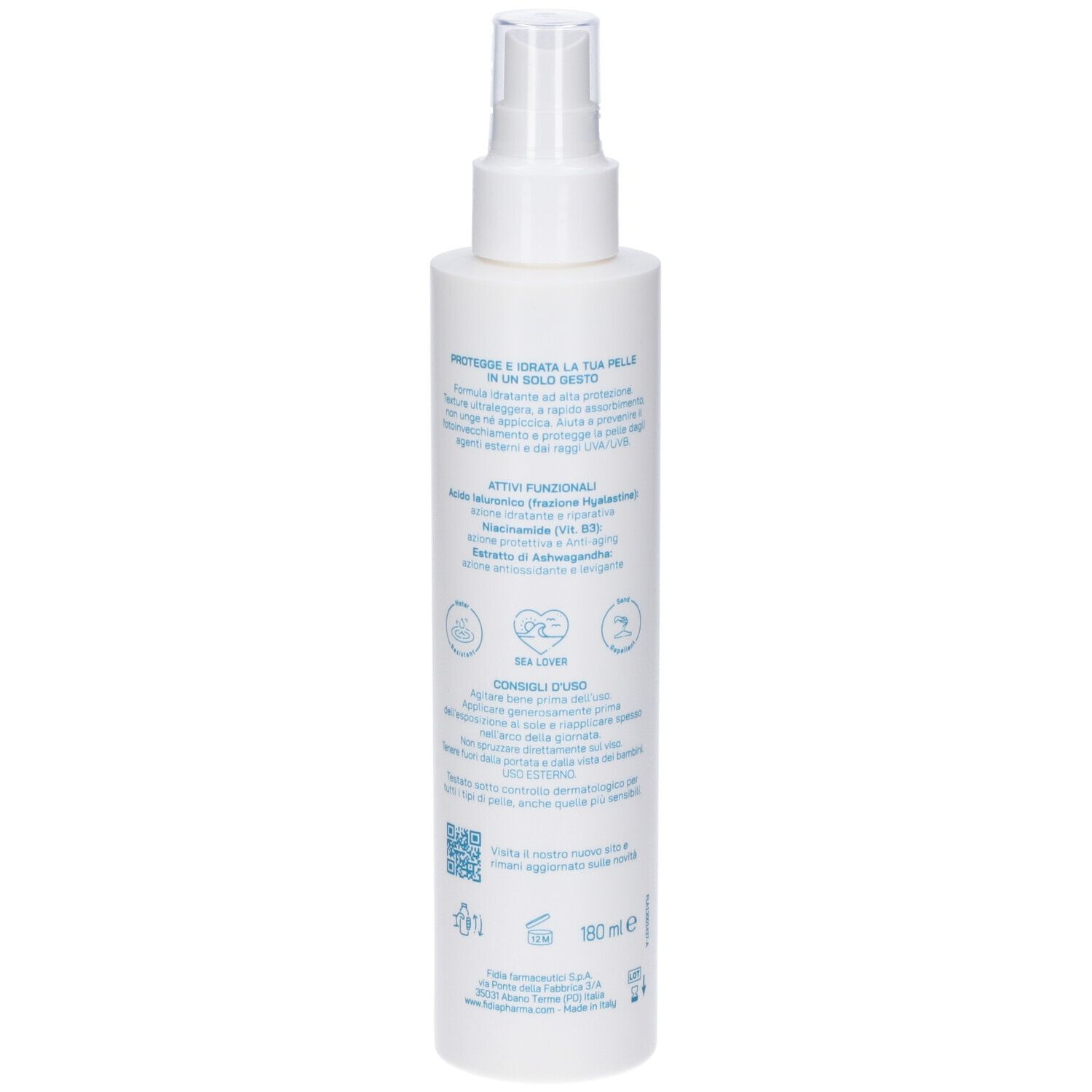 Flacone spray bianco. Retro con testo blu. Ingredienti, uso e consigli.