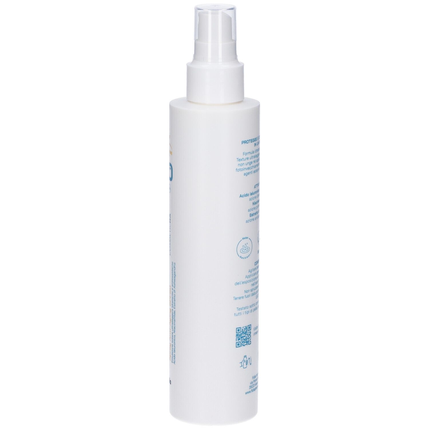 Flacone spray bianco. Retro con testo blu. Ingredienti, uso e consigli.