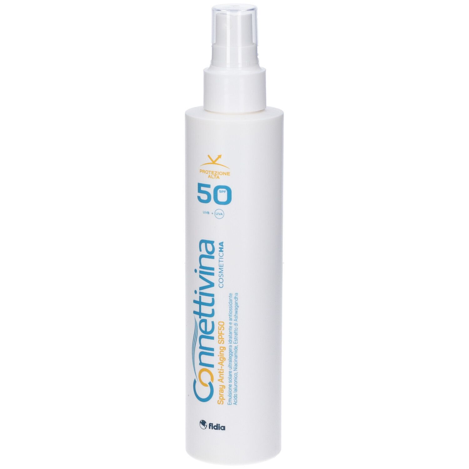 Flacone spray bianco con scritte blu e gialle. Connettivina, Spray Anti-Aging SPF 50. Fattore di protezione solare 50.
