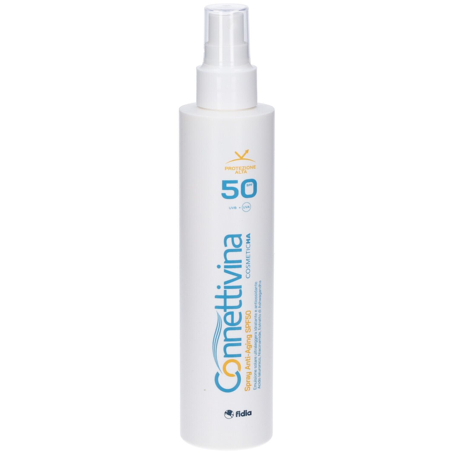 Flacone spray bianco con scritte blu e gialle. Connettivina, Spray Anti-Aging SPF 50. Fattore di protezione solare 50.