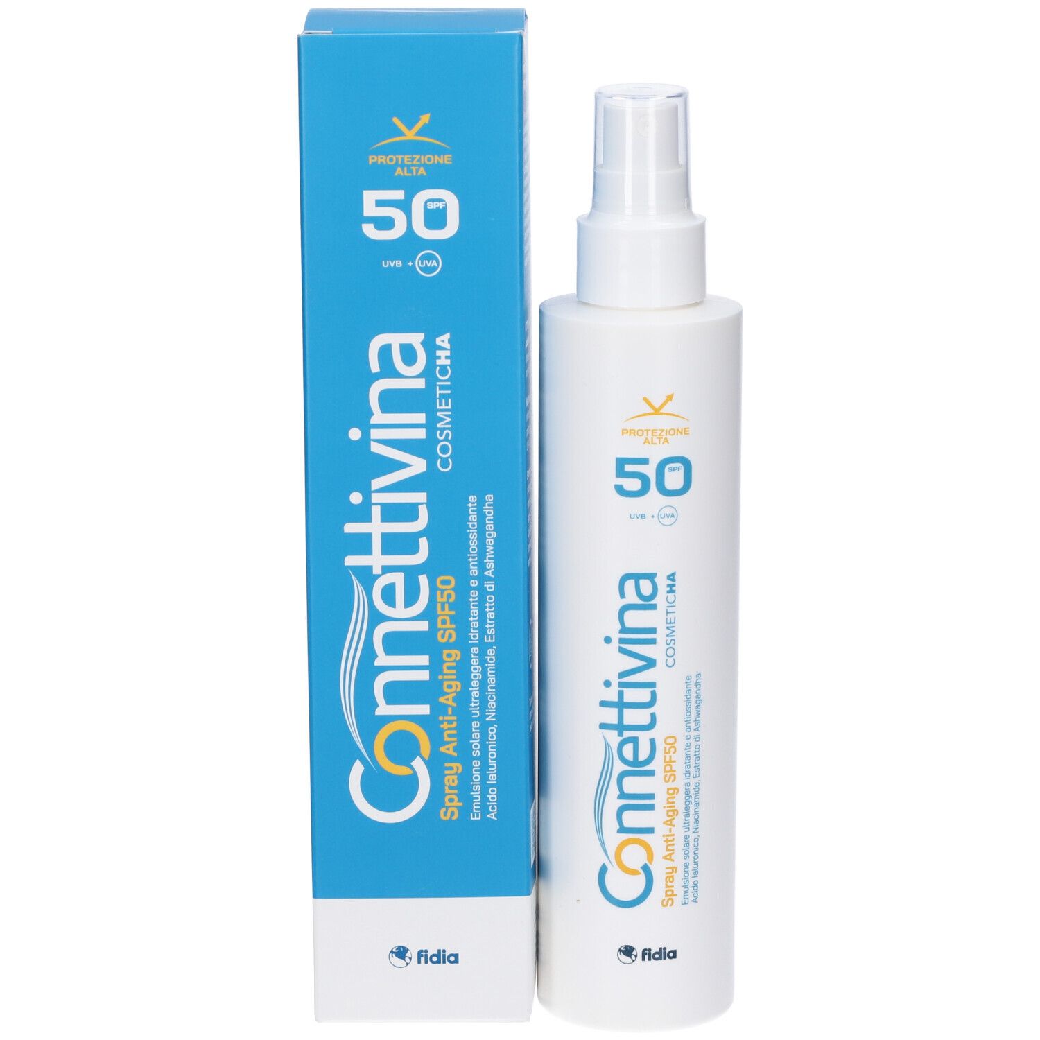 Prodotto e confezione. Flacone spray bianco e scatola blu. Connettivina, Spray Anti-Aging SPF 50. Fattore 50.