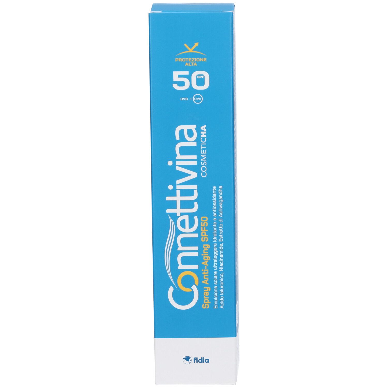 Confezione blu. Testo: Connettivina, Spray Anti-Aging SPF 50. Fattore 50. Marchio Fidia.