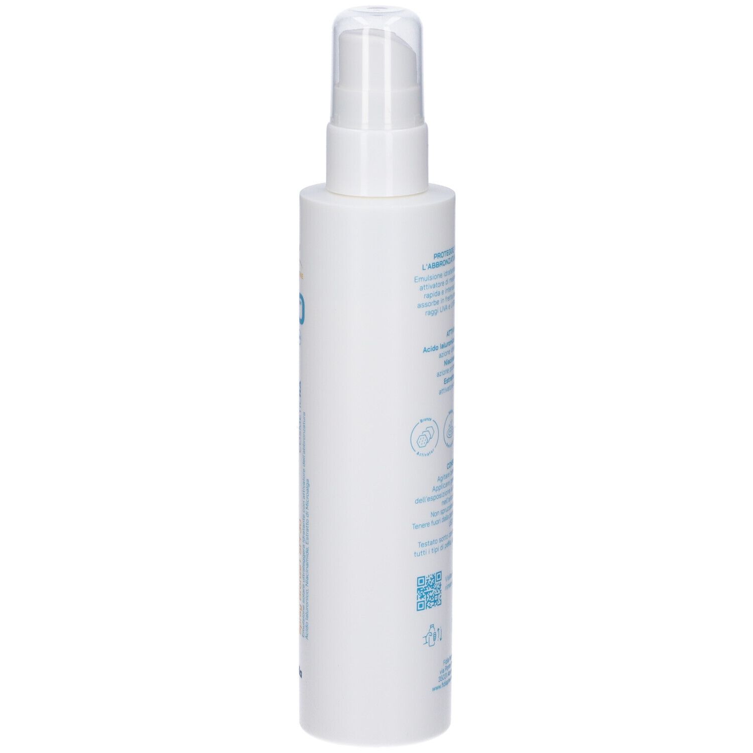 Flacone bianco con erogatore spray. Lato con testo e loghi.