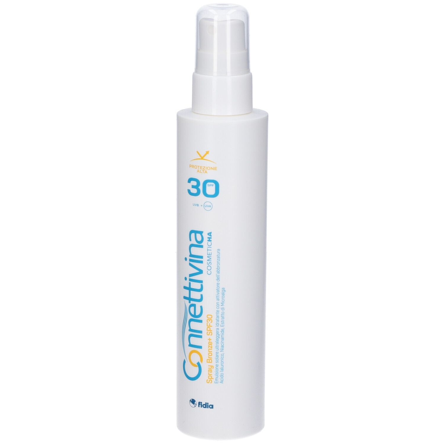 Flacone bianco con erogatore spray. Scritta: Connettivina, SPF 30. Marchio: Fidia.