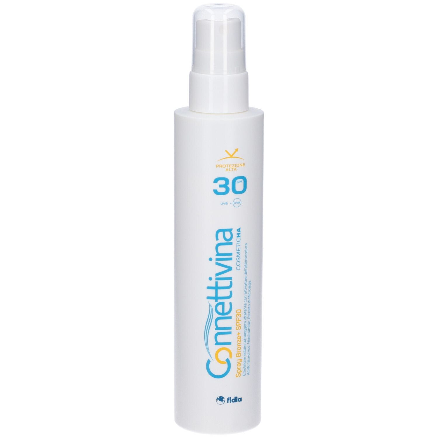 Flacone bianco con erogatore spray. Scritta: Connettivina, SPF 30. Marchio: Fidia.