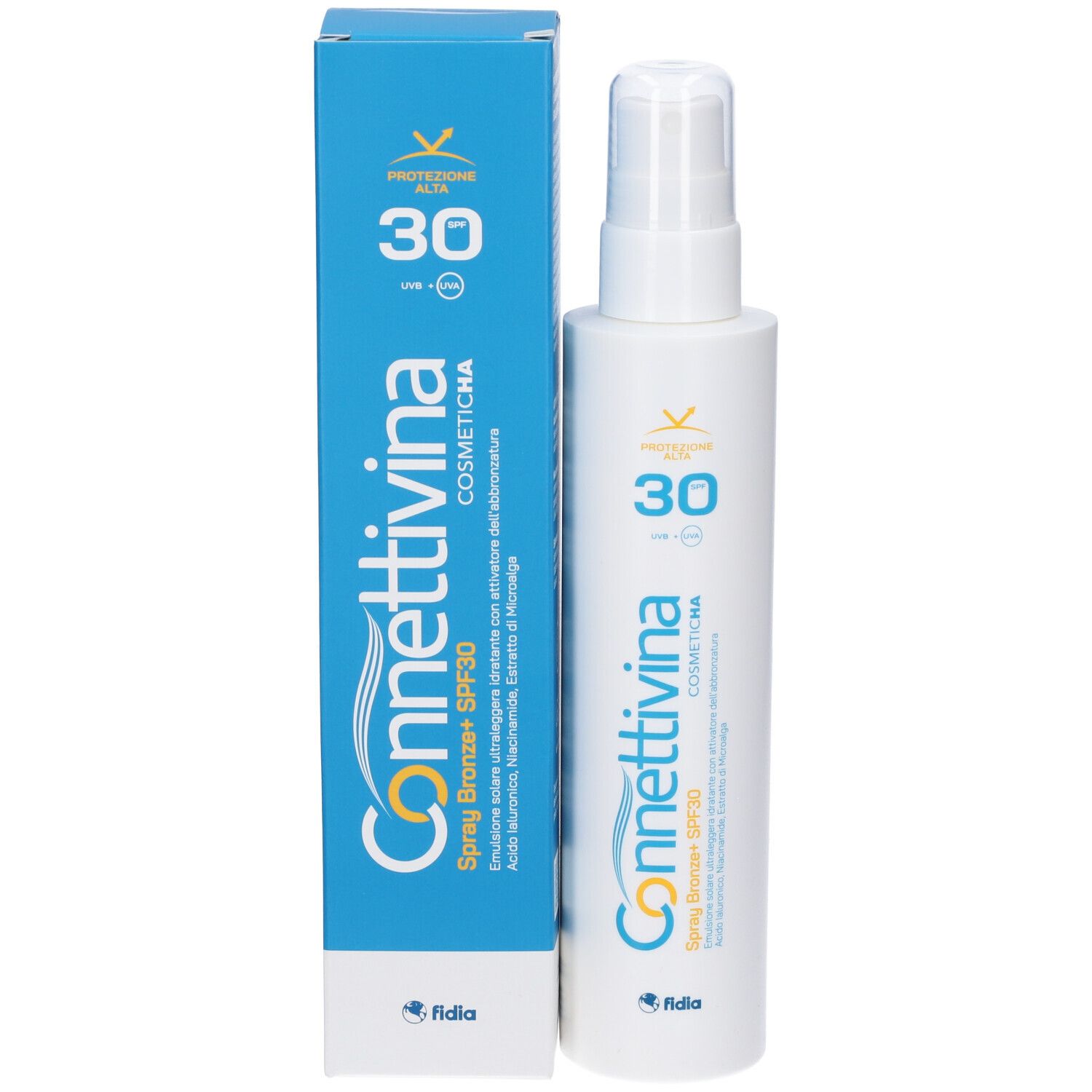Prodotto e confezione. Flacone bianco con erogatore spray e scatola blu. Scritta: Connettivina, SPF 30.