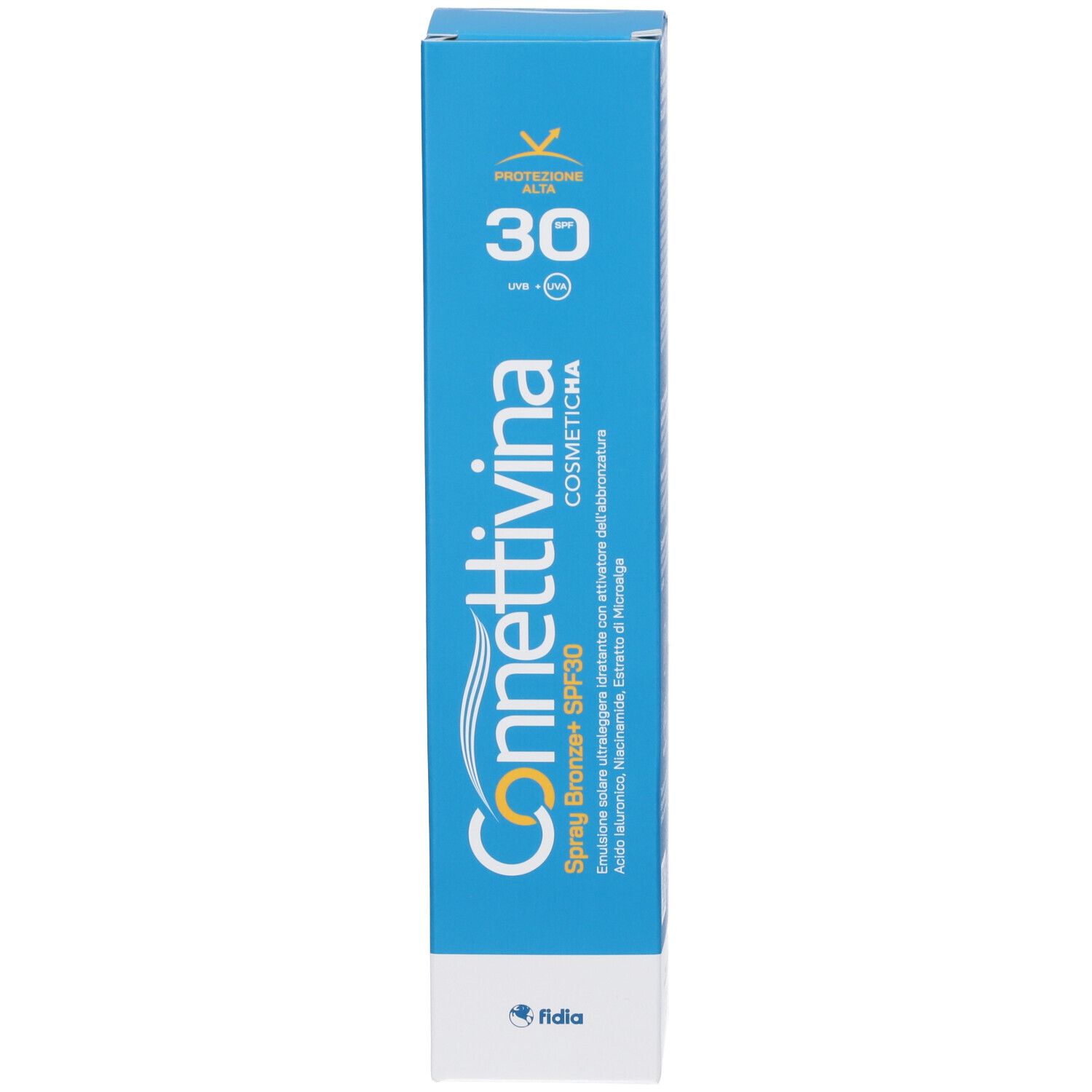Confezione blu. Scritta: Connettivina, SPF 30. Marchio: Fidia.