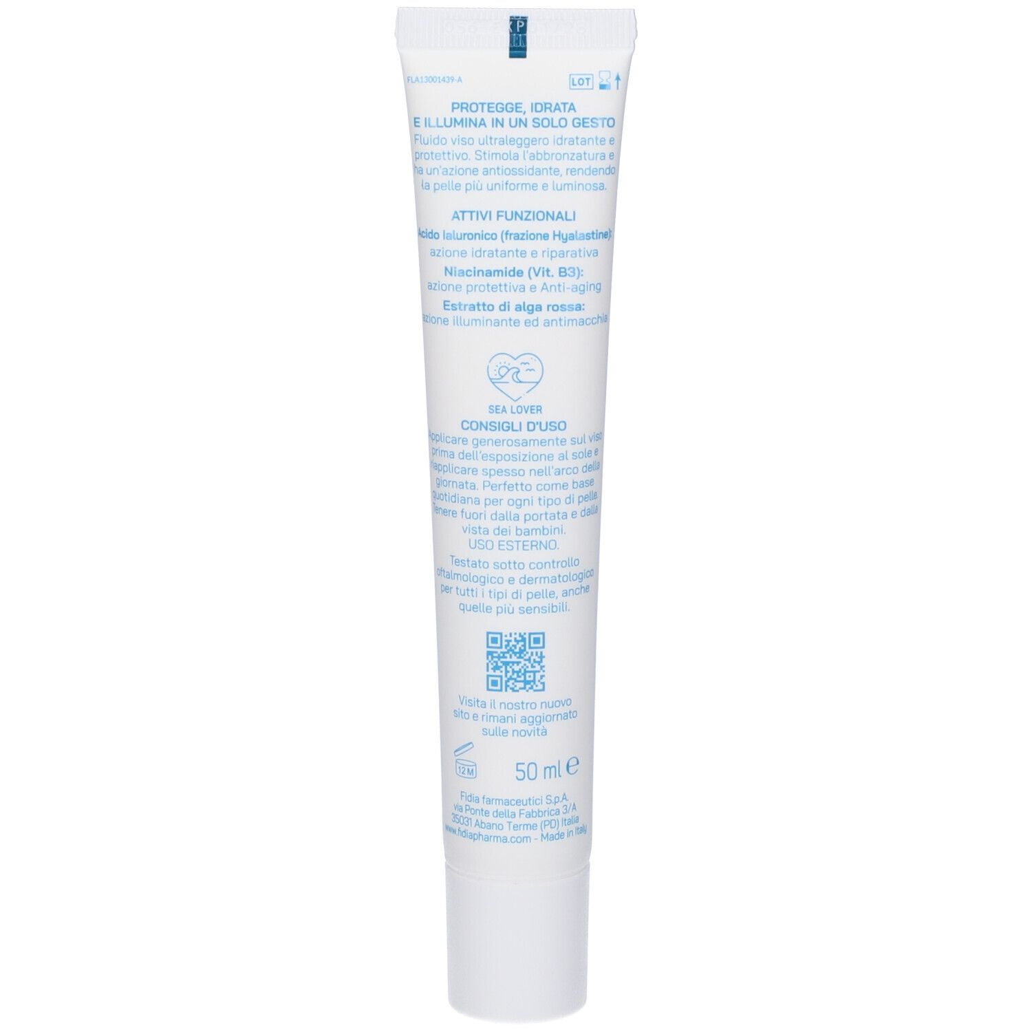 Retro del tubo bianco. Testo in blu. Codice QR e 50 ml. Marchio Fidia.