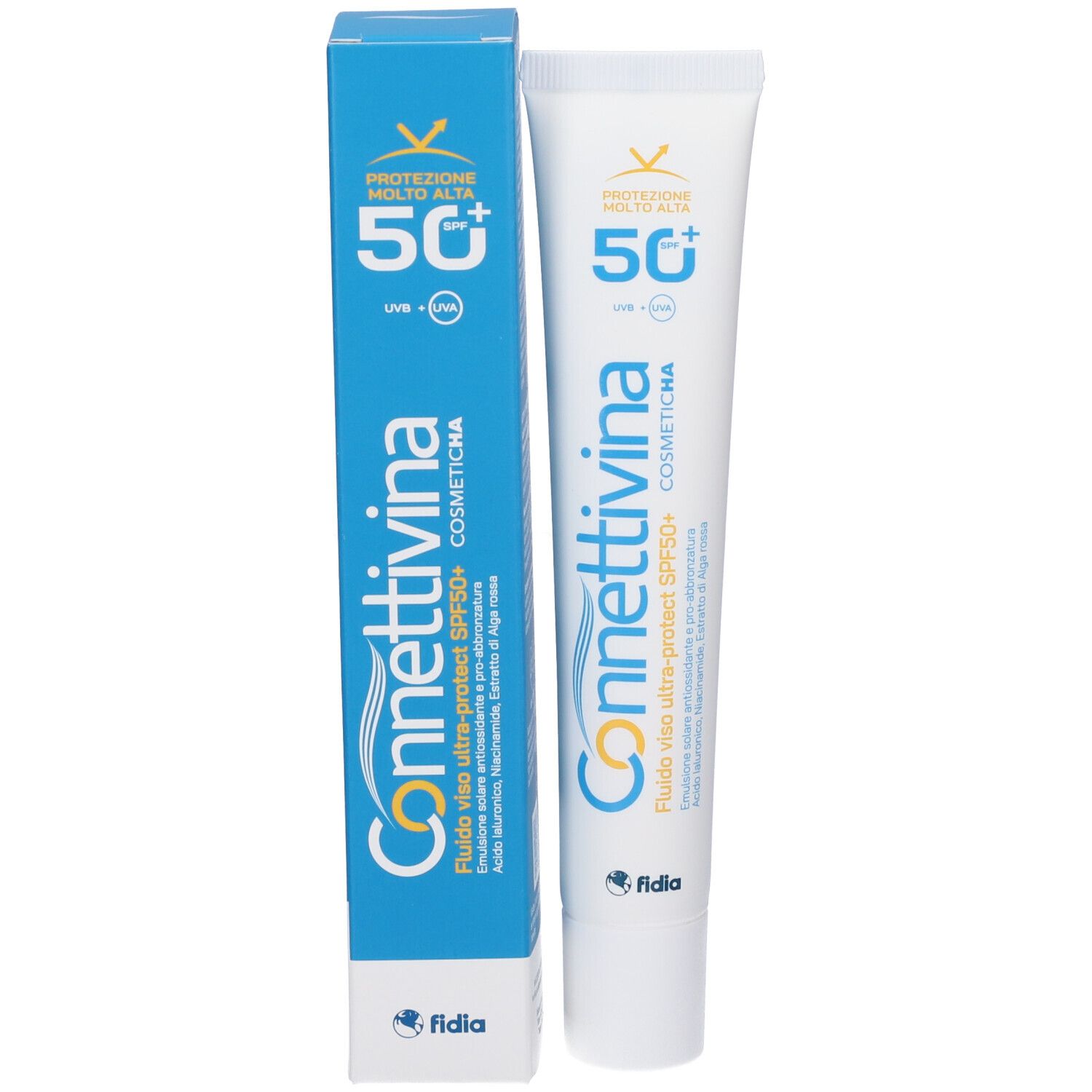 Confezione del prodotto. Tubo e scatola. Scritto: Connettivina, Fluido Viso Ultra Protect SPF 50+. Marchio Fidia.