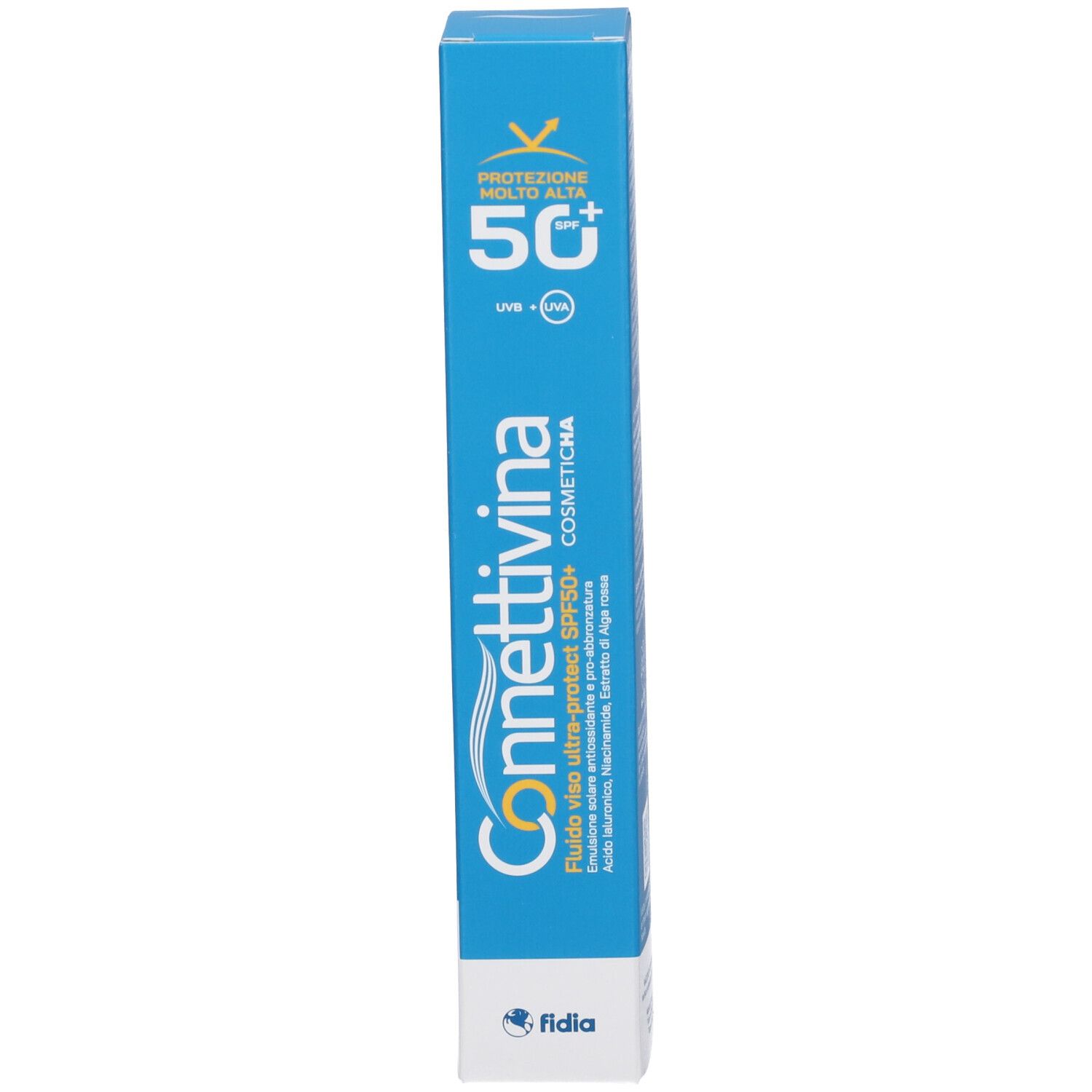 Scatola blu. Scritto: Connettivina, Fluido Viso Ultra Protect SPF 50+. Marchio Fidia.