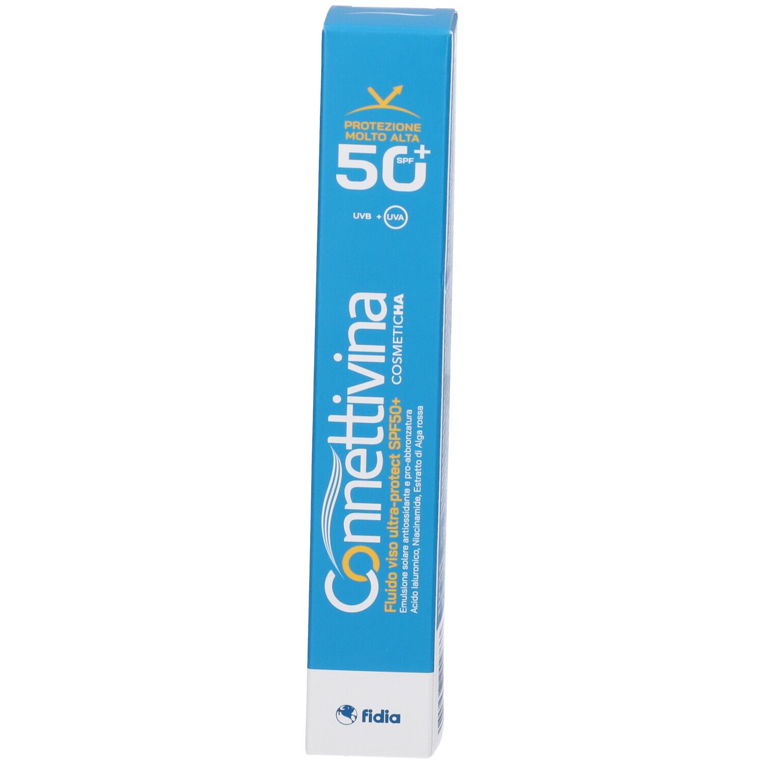 Scatola blu. Scritto: Connettivina, Fluido Viso Ultra Protect SPF 50+. Marchio Fidia.