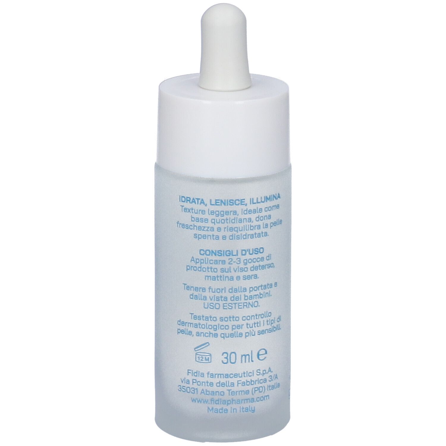 Flacone di siero. Tappo e pipetta bianchi. Testo in italiano. Scritta 30 ml e fidia.