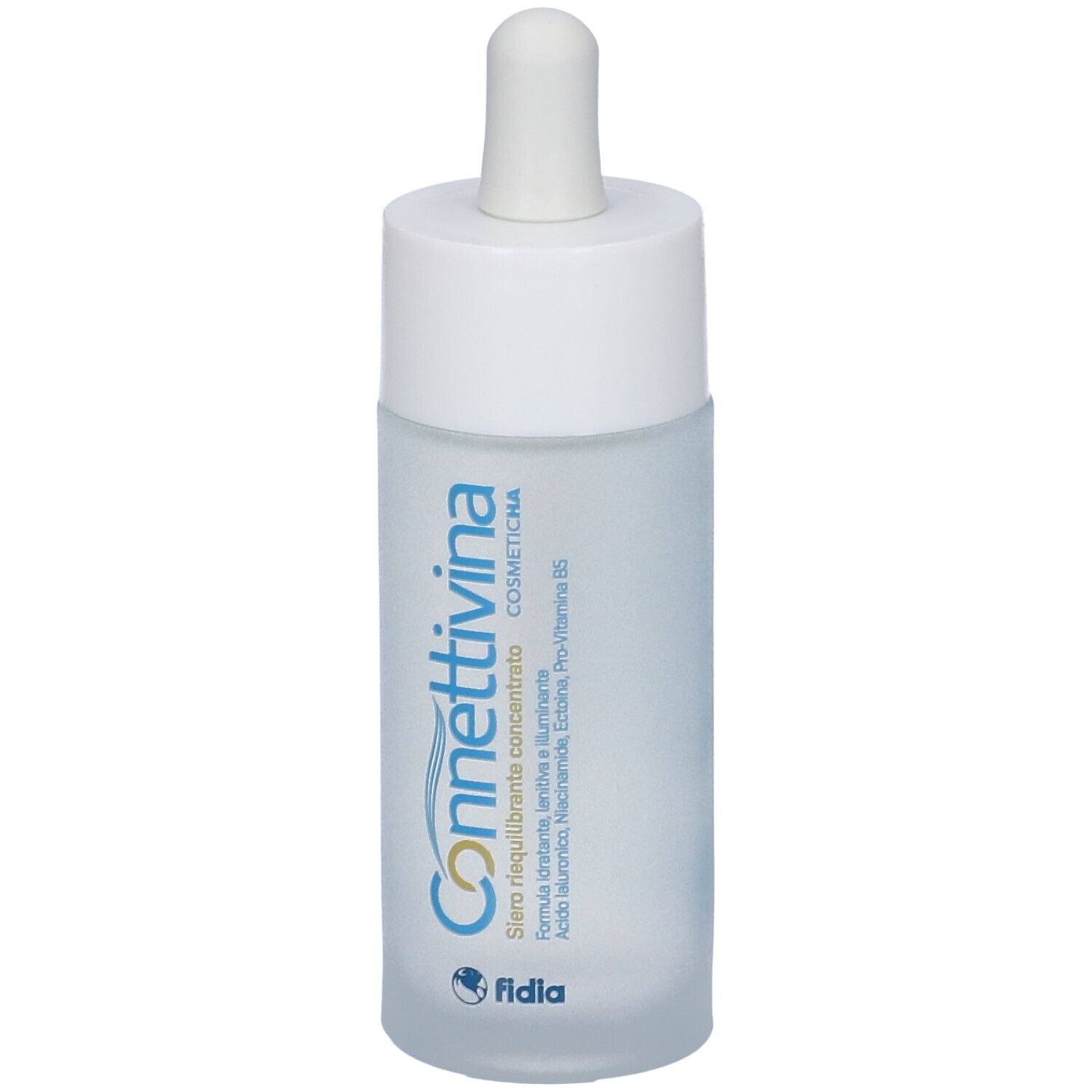 Flacone di siero. Tappo e pipetta bianchi. Scritta Connettivina e fidia. Sfondo azzurro chiaro.