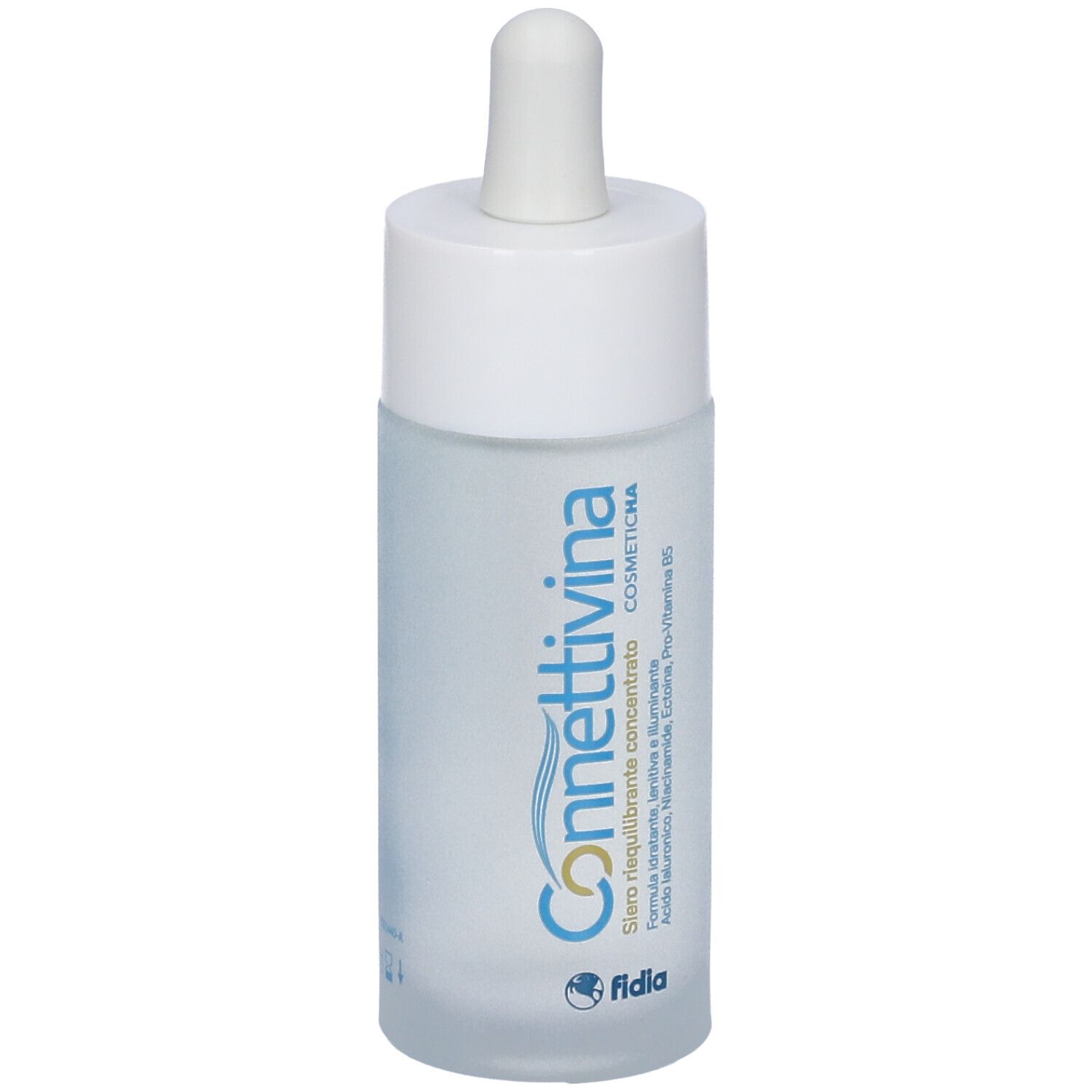Flacone di siero. Tappo e pipetta bianchi. Scritta Connettivina e fidia. Sfondo azzurro chiaro.