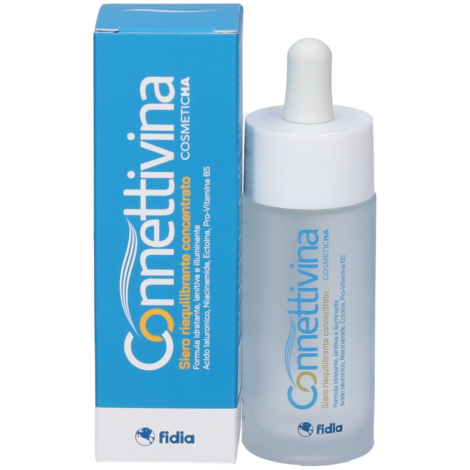 Flacone di siero e scatola. Tappo e pipetta bianchi. Scritta Connettivina e fidia. Scatola blu.