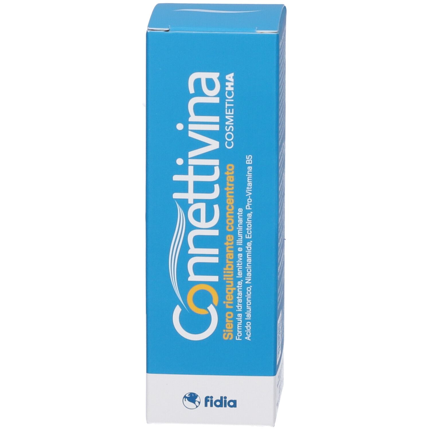 Scatola blu. Scritta Connettivina e fidia. Sfondo bianco.