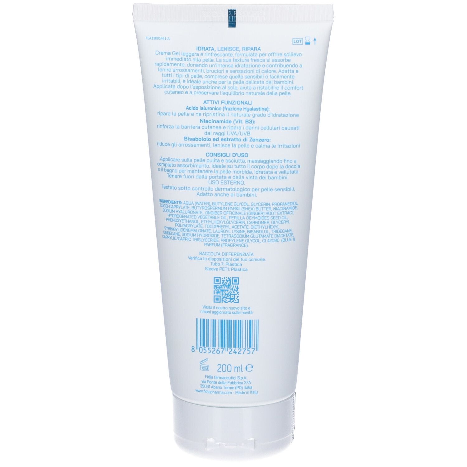 Retro del tubo bianco. Testo in italiano. In basso: 200 ml e codice a barre.