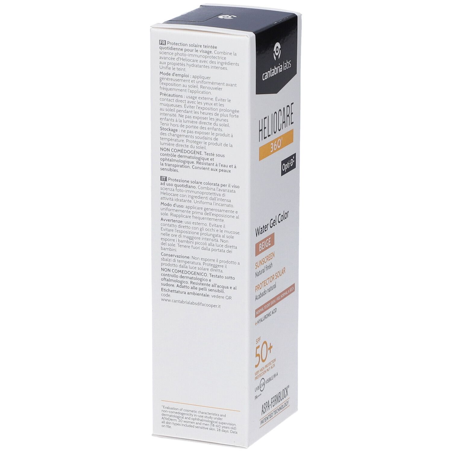 Heliocare 360 Water Gel Beige, vista laterale della confezione. Testo con informazioni sul prodotto, istruzioni per l'uso e ingredienti. Marchio Cantabria Labs.