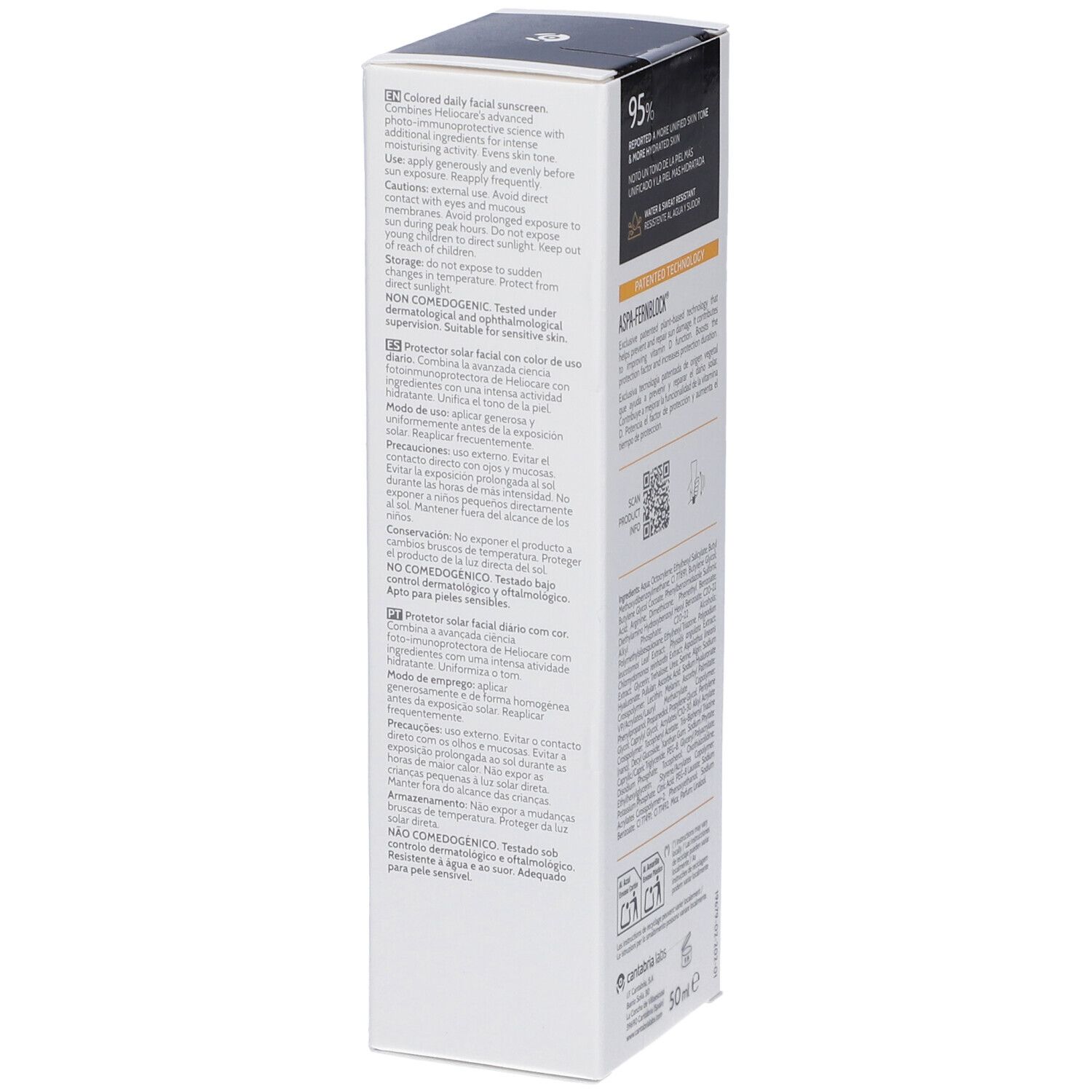 Heliocare 360 Water Gel Beige, vista laterale della confezione. Testo con informazioni sul prodotto, istruzioni per l'uso e ingredienti. Marchio Cantabria Labs.