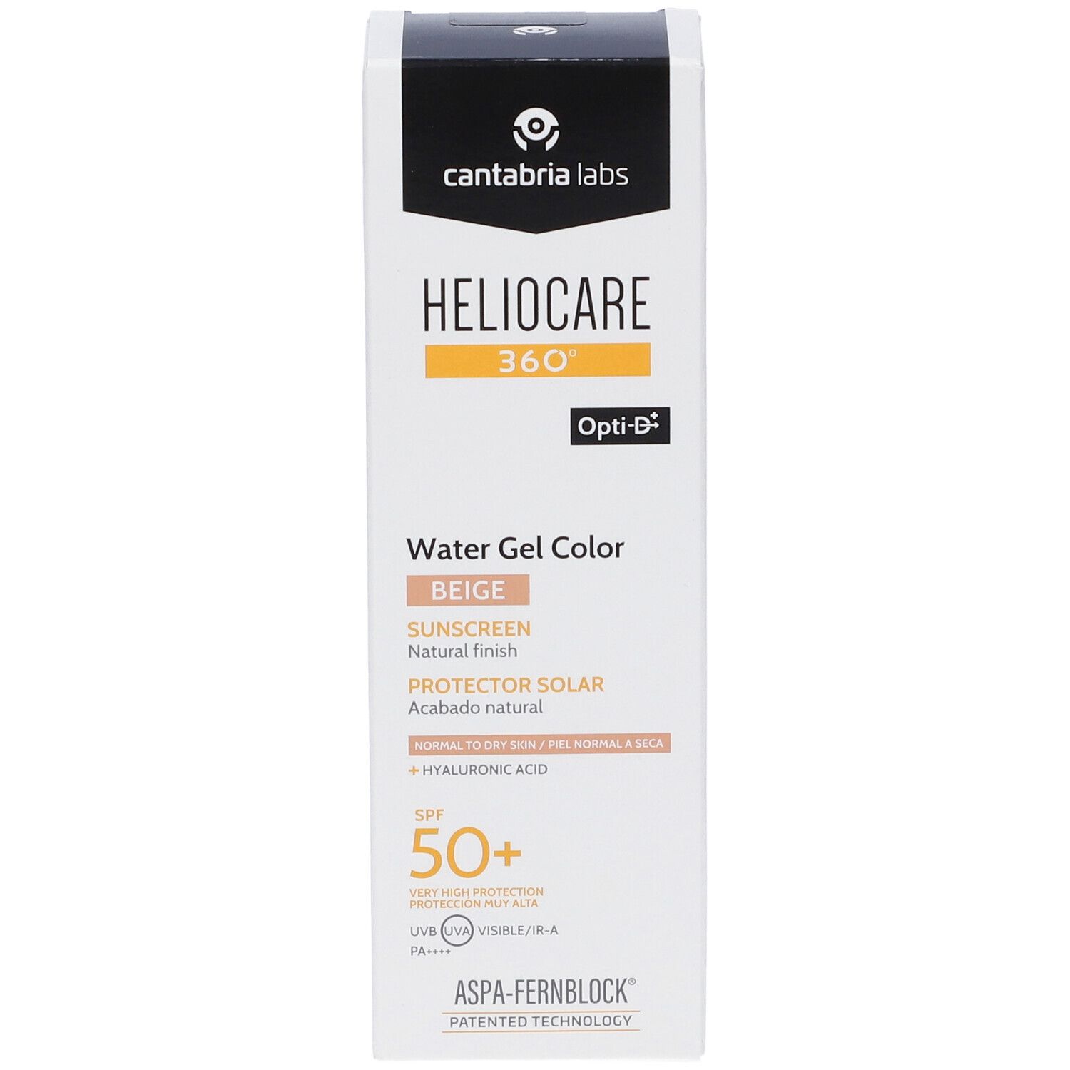 Heliocare 360 Water Gel Beige, protezione solare. Confezione con nome prodotto, colore, SPF 50+ e ingredienti. Marchio Cantabria Labs.