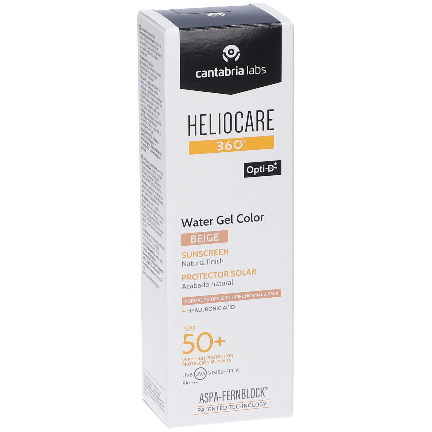 Heliocare 360 Water Gel Beige, protezione solare. Confezione con nome prodotto, colore, SPF 50+ e ingredienti. Marchio Cantabria Labs.