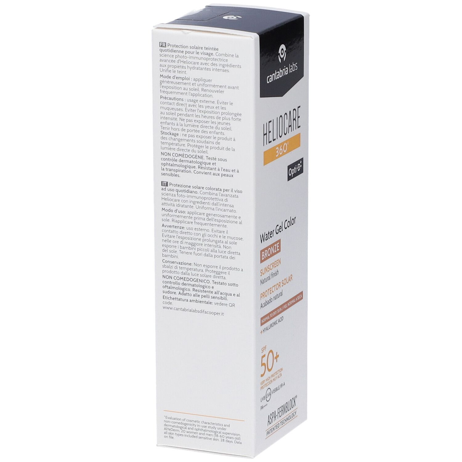 Confezione Heliocare 360 Water Gel Bronze. Retro con informazioni in diverse lingue. Opti-D.