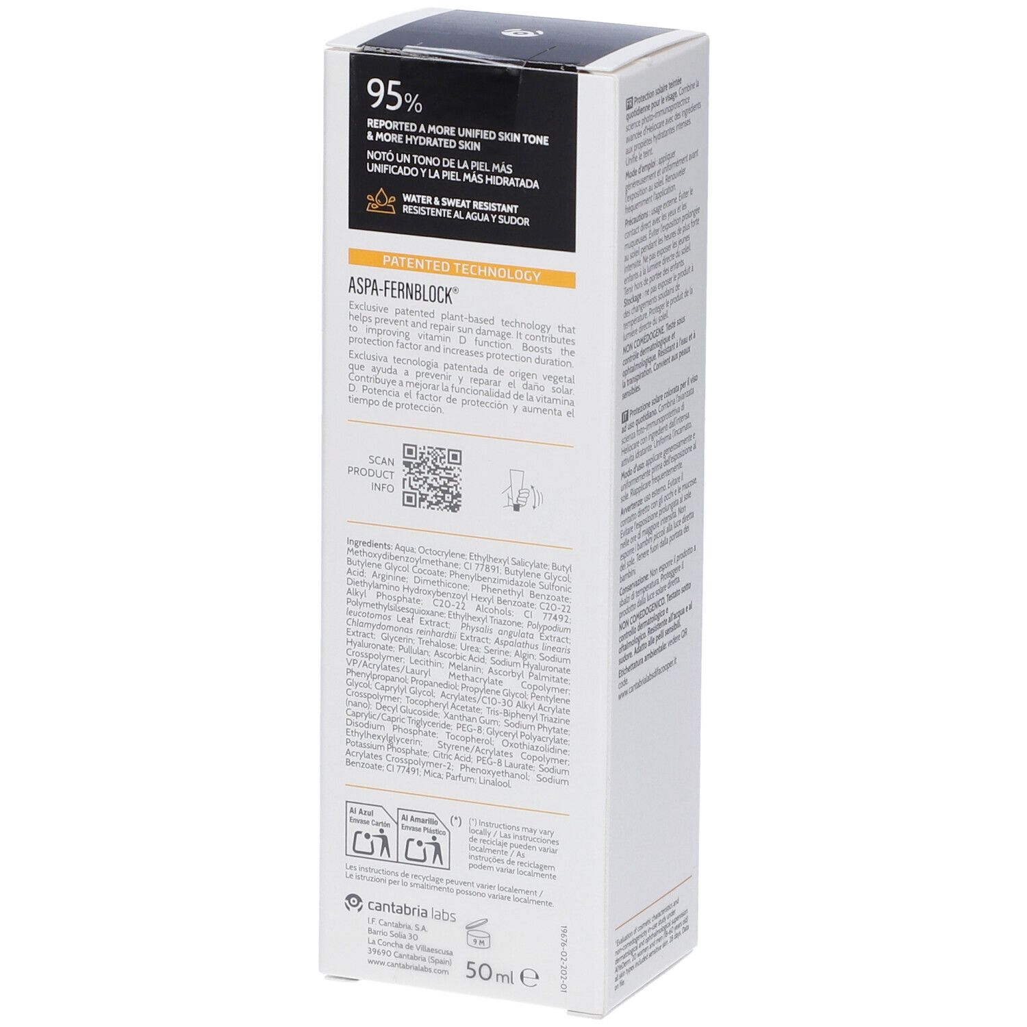 Confezione Heliocare 360 Water Gel Bronze. Lato con informazioni. 95% tono pelle più uniforme. Resistente all'acqua.