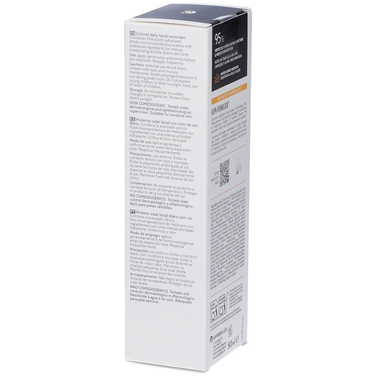 Confezione Heliocare 360 Water Gel Bronze. Lato con informazioni. 95% tono pelle più uniforme. Resistente all'acqua.