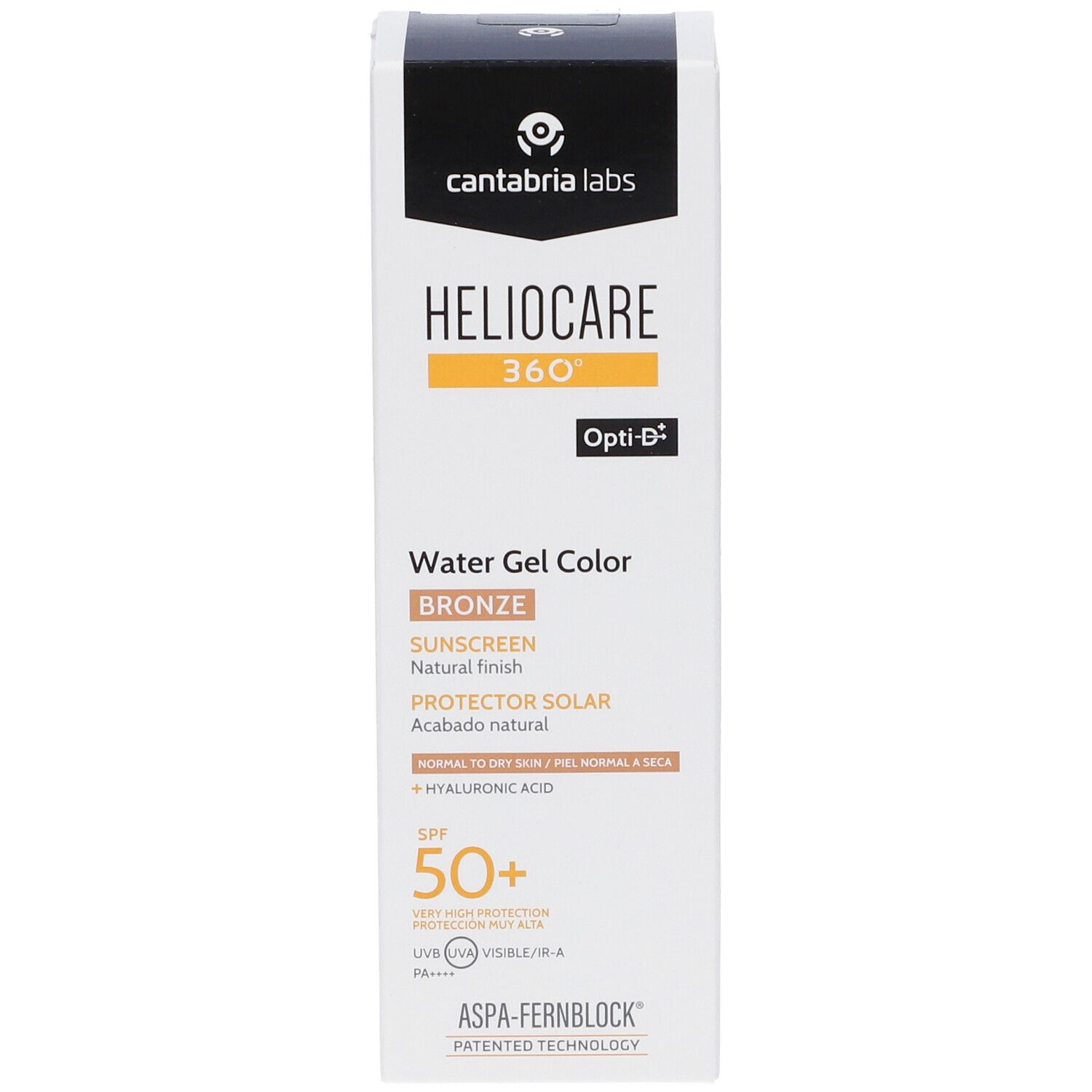 Heliocare 360 Water Gel Bronze. Confezione bianca con informazioni. SPF 50+. Contiene acido ialuronico. Opti-D.