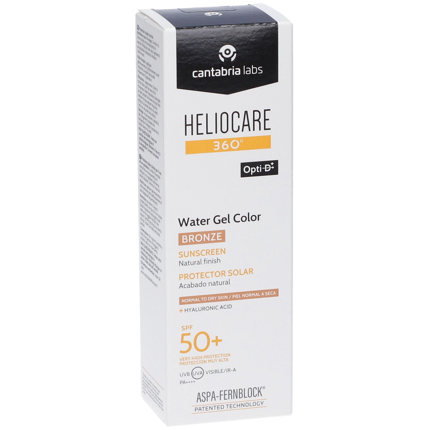 Heliocare 360 Water Gel Bronze. Confezione bianca con informazioni. SPF 50+. Contiene acido ialuronico. Opti-D.