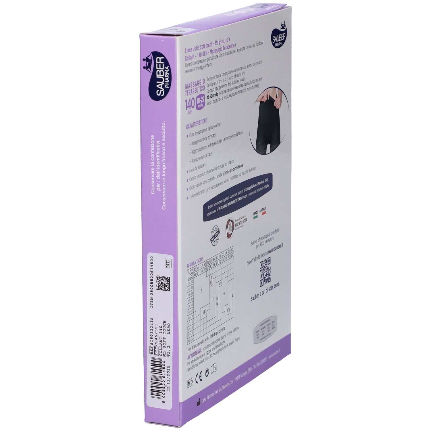 Vista laterale della confezione collant Sauber Pharma Jolie. Informazioni su caratteristiche, taglie e certificazioni. Made in Italy.