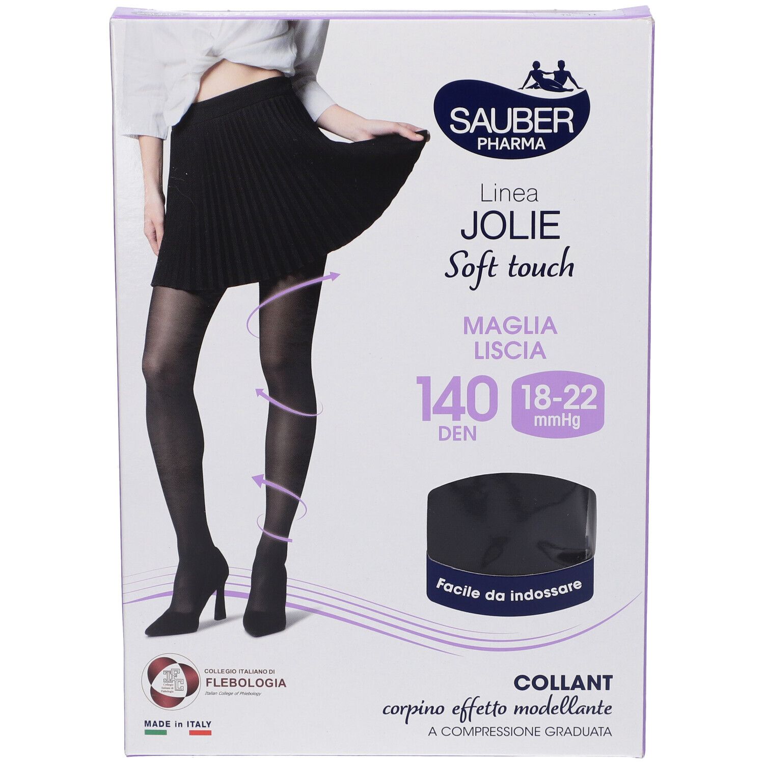 Collant nero Sauber Pharma Jolie, 140 den, 18-22 mmHg, in confezione. Scritta: Maglia LISCA, Soft touch. Effetto modellante, compressione graduata.