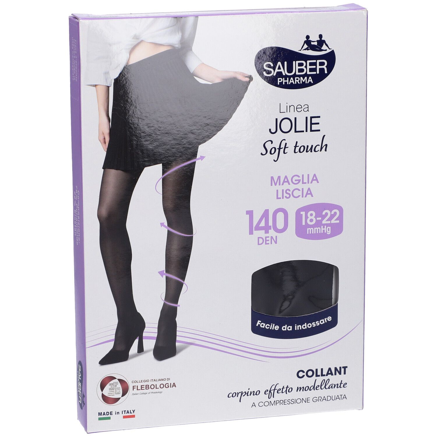 Collant nero Sauber Pharma Jolie, 140 den, 18-22 mmHg, in confezione. Scritta: Maglia LISCA, Soft touch. Effetto modellante, compressione graduata.