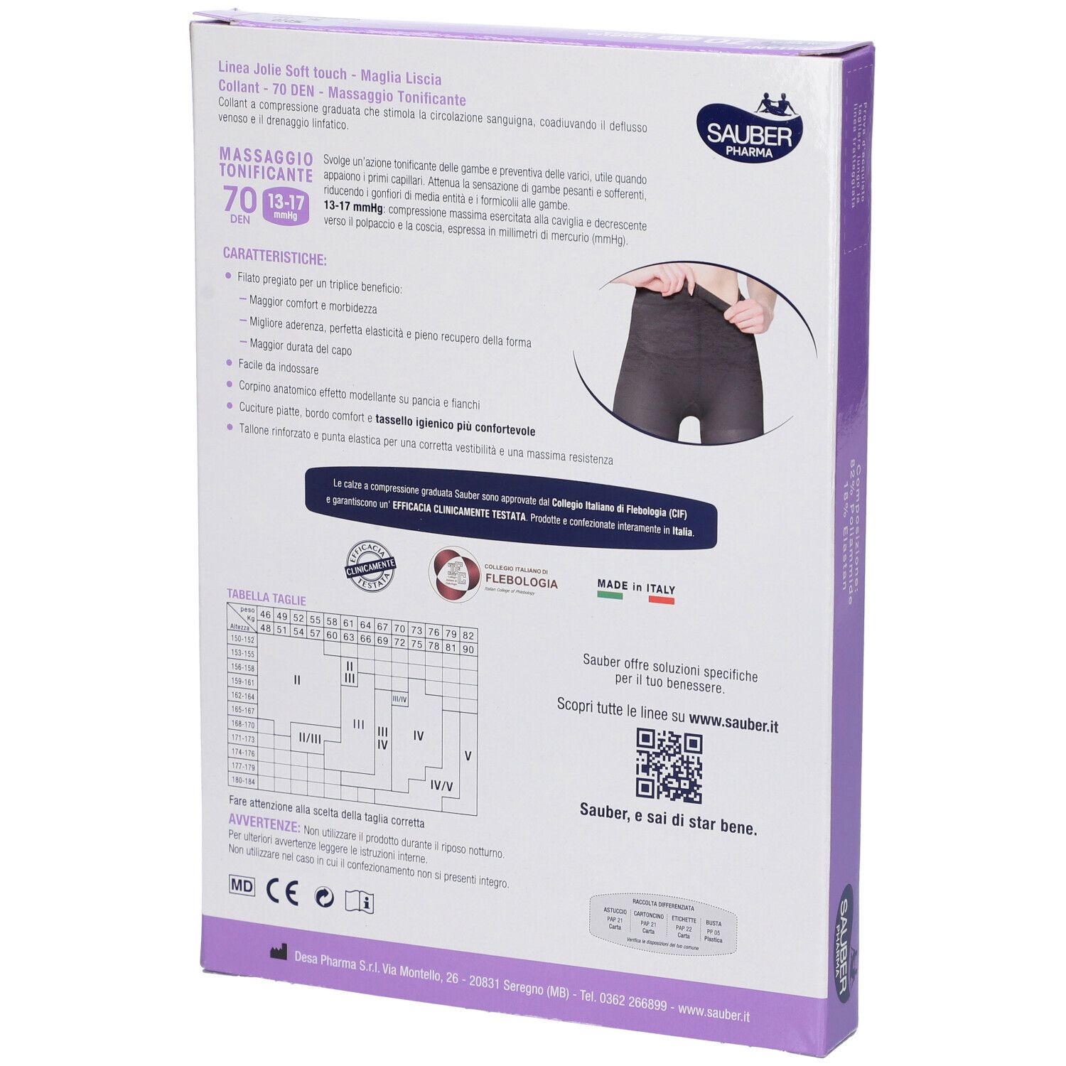Retro della confezione SAUBER JOLIE COLLANT 70 MEDIO3. Testo: 70 DEN, 13-17 mmHg. Immagine di una donna. Tabella taglie. Logo SAUBER Pharma. Made in Italy.